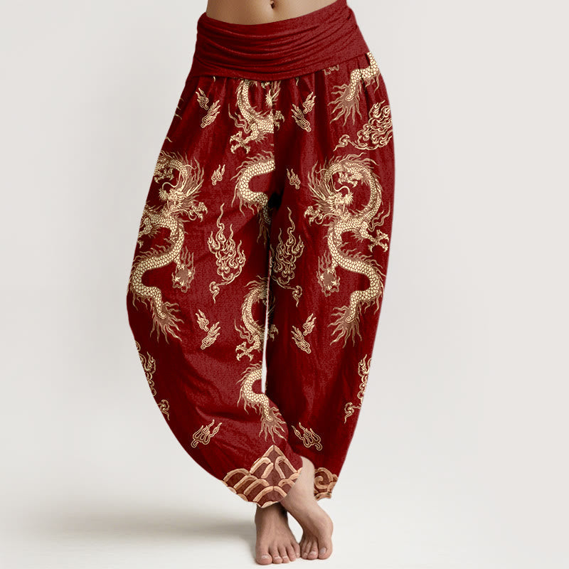 Buddha Stones Pure Cotton Dragon And Cloud Pattern Women's Elastic Waist Harem Pants - DarkRed - US16,UK/AU20,EU48 (3XL) - image 0