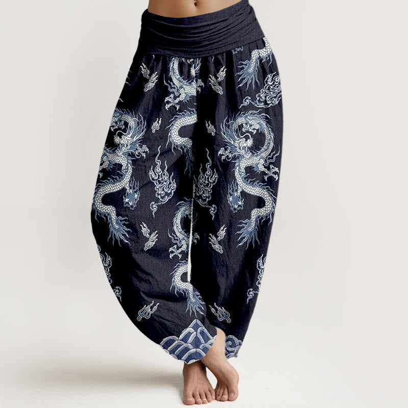 Buddha Stones Pure Cotton Dragon And Cloud Pattern Women's Elastic Waist Harem Pants - Navy - US16,UK/AU20,EU48 (3XL) - image 8
