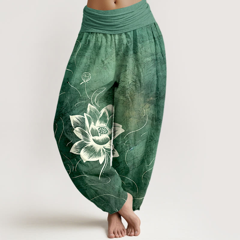 Buddha Stones Pure Cotton Lotus Flower Pattern Women's Elastic Waist Harem Pants - SeaGreen - US16,UK/AU20,EU48 (3XL) - image 0