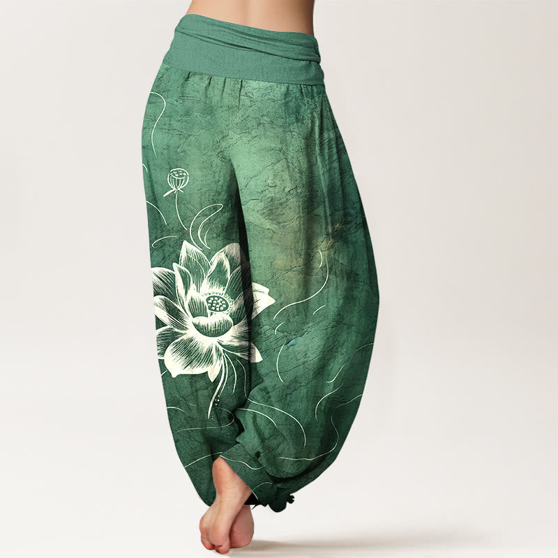 Buddha Stones Pure Cotton Lotus Flower Pattern Women's Elastic Waist Harem Pants - image 1