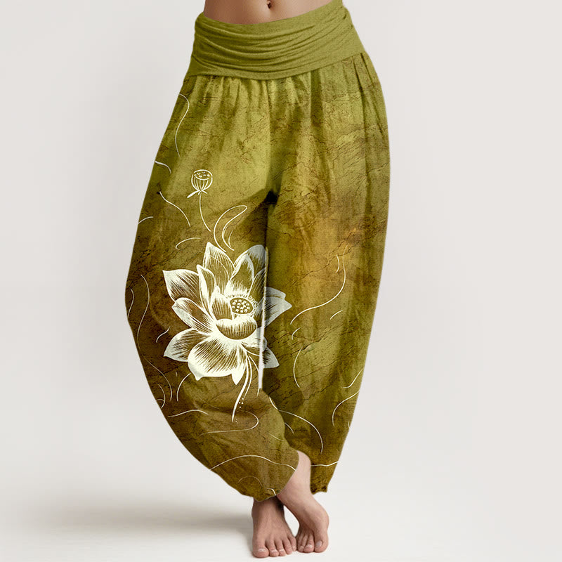 Buddha Stones Pure Cotton Lotus Flower Pattern Women's Elastic Waist Harem Pants - DarkGoldenrod - US16,UK/AU20,EU48 (3XL) - image 8
