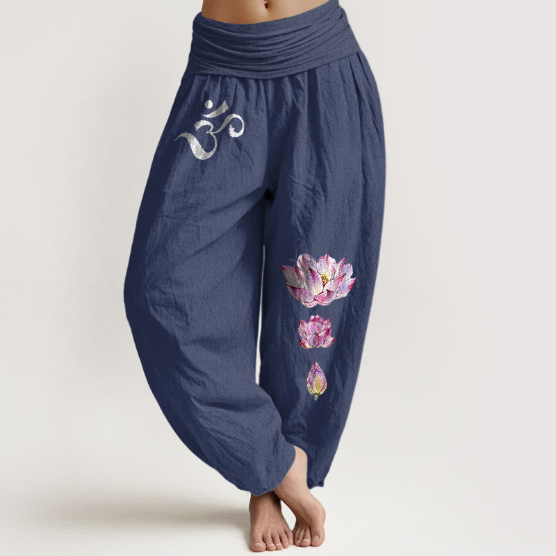 Buddha Stones Blooming Lotus Om Symbol Pattern Women's Elastic Waist Harem Pure Cotton Pants - DarkSlateBlue - US16,UK/AU20,EU48 (3XL) - image 5