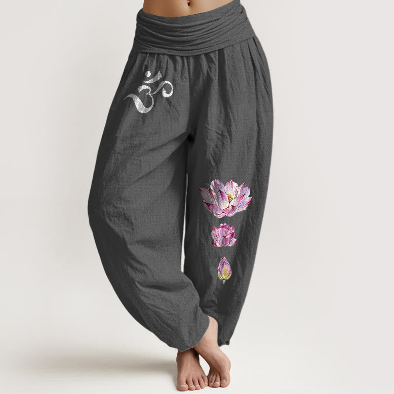 Buddha Stones Blooming Lotus Om Symbol Pattern Women's Elastic Waist Harem Pure Cotton Pants - DimGray - US16,UK/AU20,EU48 (3XL) - image 8