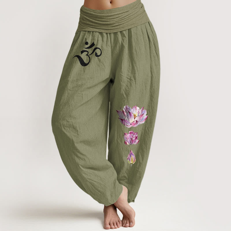 Buddha Stones Blooming Lotus Om Symbol Pattern Women's Elastic Waist Harem Pure Cotton Pants - OliveDrab - US16,UK/AU20,EU48 (3XL) - image 14