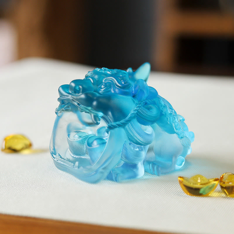 Buddha Stones Handmade Liuli Crystal Gold Swallowing PiXiu Art Piece Home Decoration - Blue Pixiu 7.8*6.5*5.5 cm - image 8