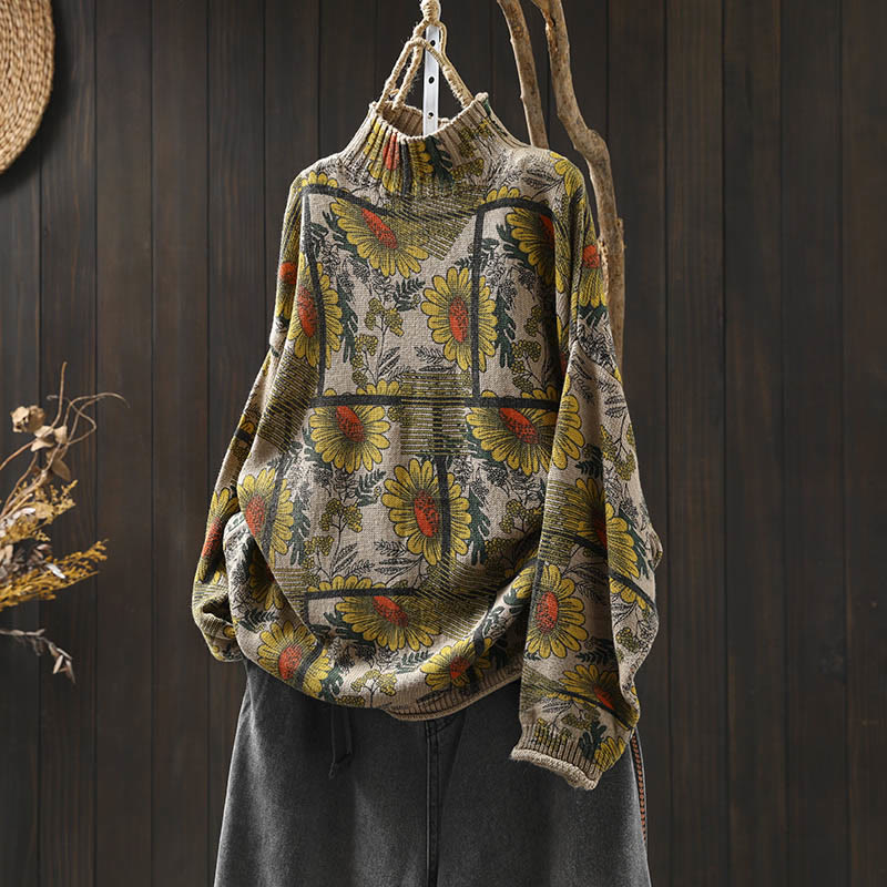 Buddha Stones Sunflower Pattern Mock Neck Long Sleeve Women's Cotton Sweater - Linen - US4-8/10,UK/AU8-12/14,EU36-40/42(F) - image 0