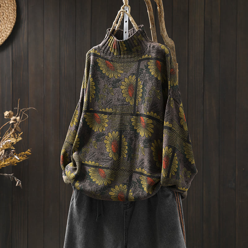 Buddha Stones Sunflower Pattern Mock Neck Long Sleeve Women's Cotton Sweater - Maroon - US4-8/10,UK/AU8-12/14,EU36-40/42(F) - image 17