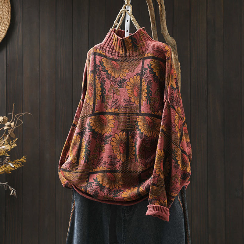 Buddha Stones Sunflower Pattern Mock Neck Long Sleeve Women's Cotton Sweater - OrangeRed - US4-8/10,UK/AU8-12/14,EU36-40/42(F) - image 13