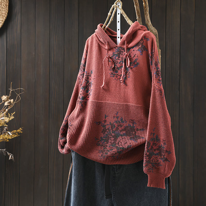 Buddha Stones Women's Knitted Floral Long Sleeve Hooded Sweater - Tomato - US4-6,UK/AU8-10,EU36-38 (F) - image 2