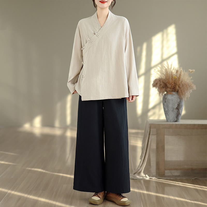 Buddha Stones 2Pcs V-Neck Long Sleeve Shirt Wide Leg Pants Zen Meditation Women's Set - Beige Shirt&Black Pants - US8-10,UK/AU12-14,EU40-42 (2XL) - image 0