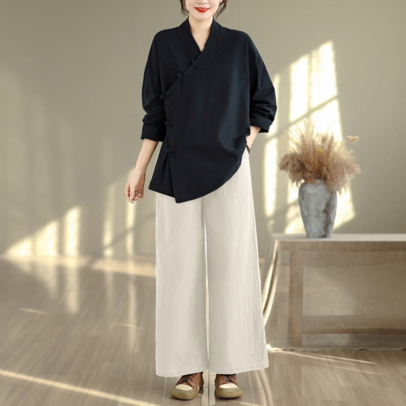 Buddha Stones 2Pcs V-Neck Long Sleeve Shirt Wide Leg Pants Zen Meditation Women's Set - Black Shirt&Beige Pants - US8-10,UK/AU12-14,EU40-42 (2XL) - image 11