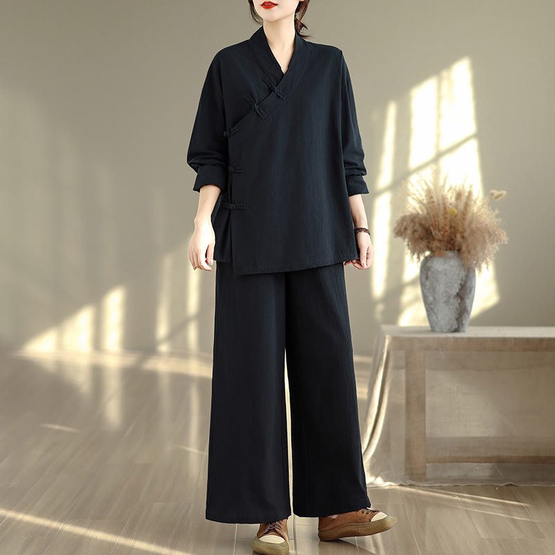 Buddha Stones 2Pcs V-Neck Long Sleeve Shirt Wide Leg Pants Zen Meditation Women's Set - Black Shirt&Pants - US8-10,UK/AU12-14,EU40-42 (2XL) - image 12
