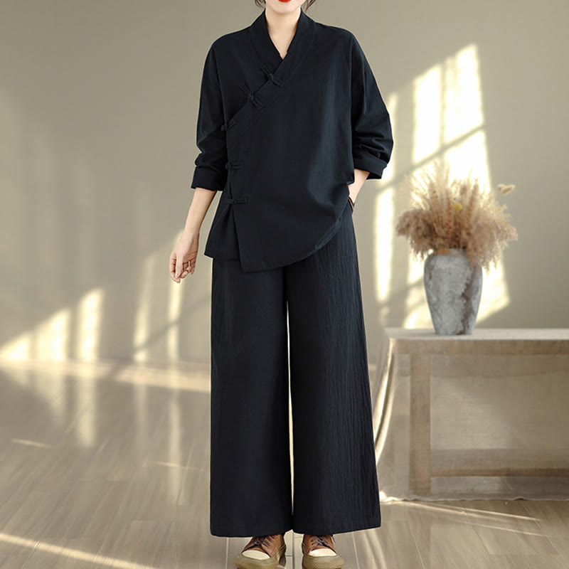 Buddha Stones 2Pcs V-Neck Long Sleeve Shirt Wide Leg Pants Zen Meditation Women's Set - image 13