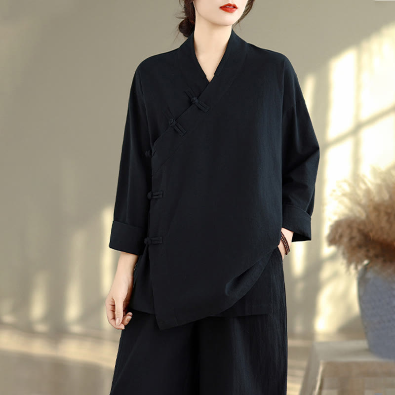 Buddha Stones 2Pcs V-Neck Long Sleeve Shirt Wide Leg Pants Zen Meditation Women's Set - image 18
