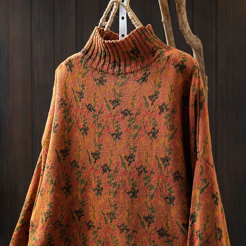 Buddha Stones Knitted Plant Pattern Long Sleeve Mock Neck Women's Cotton Sweater - image 3