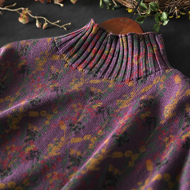 Buddha Stones Knitted Plant Pattern Long Sleeve Mock Neck Women's Cotton Sweater - image 10