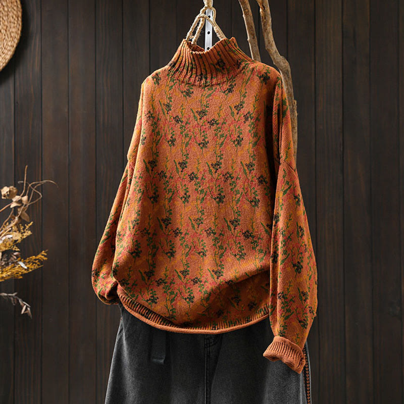 Buddha Stones Knitted Plant Pattern Long Sleeve Mock Neck Women's Cotton Sweater - DarkOrange - US4-6,UK/AU8-10,EU36-38 (F) - image 2
