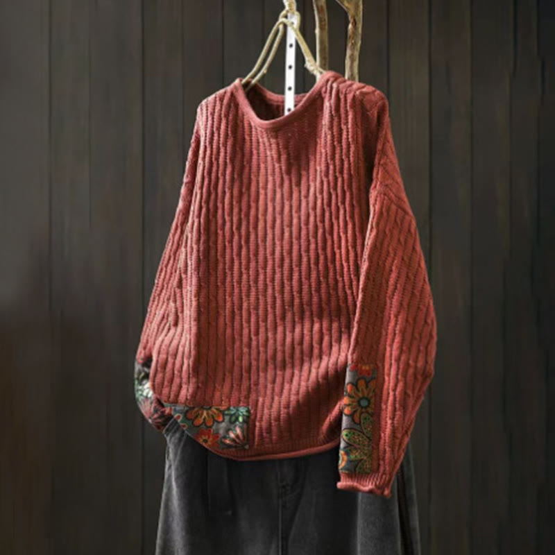 Buddha Stones Winter Patchwork Design Long Sleeve Crew Neck Women's Cotton Sweater - Tomato - US4-12,UK/AU8-18,EU36-46(F) - image 9