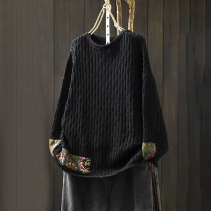Buddha Stones Winter Patchwork Design Long Sleeve Crew Neck Women's Cotton Sweater - Black - US4-12,UK/AU8-18,EU36-46(F) - image 10