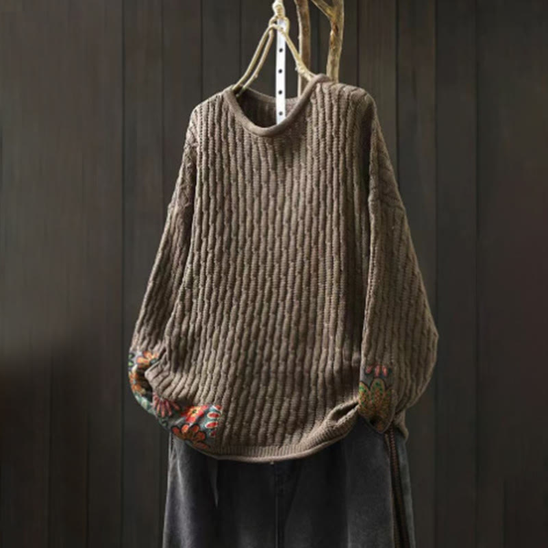 Buddha Stones Winter Patchwork Design Long Sleeve Crew Neck Women's Cotton Sweater - Tan - US4-12,UK/AU8-18,EU36-46(F) - image 12