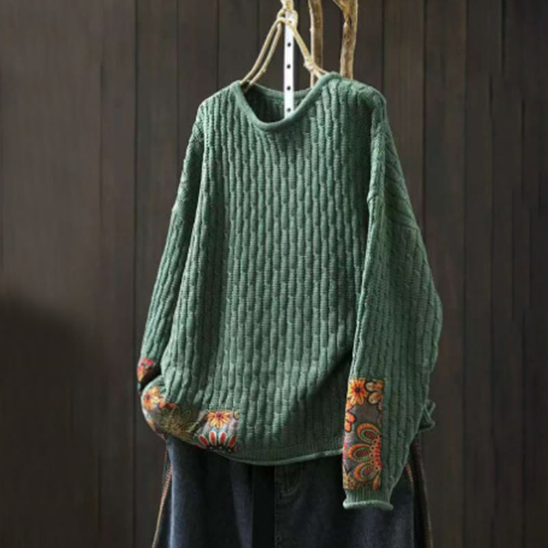 Buddha Stones Winter Patchwork Design Long Sleeve Crew Neck Women's Cotton Sweater - SeaGreen - US4-12,UK/AU8-18,EU36-46(F) - image 0