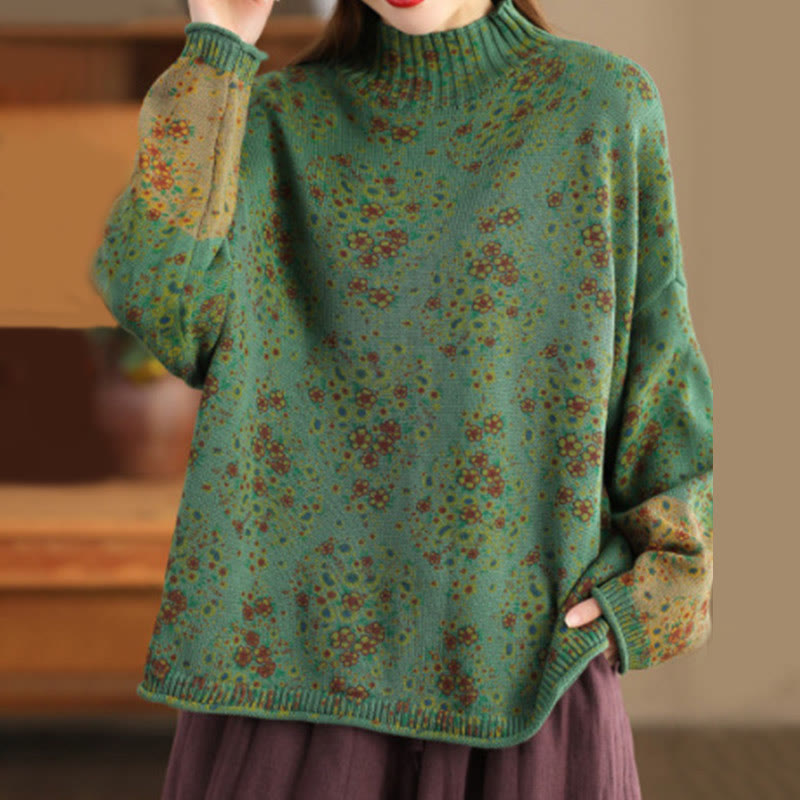 Buddha Stones Fall Printing Floral Long Sleeve Mock Neck Women's Knitted Cotton Sweater - SeaGreen - US4-12,UK/AU8-18,EU36-46(F) - image 15