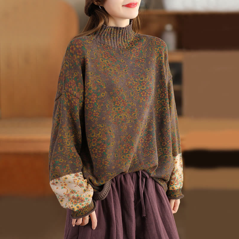 Buddha Stones Fall Printing Floral Long Sleeve Mock Neck Women's Knitted Cotton Sweater - SaddleBrown - US4-12,UK/AU8-18,EU36-46(F) - image 18