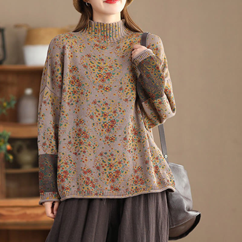 Buddha Stones Fall Printing Floral Long Sleeve Mock Neck Women's Knitted Cotton Sweater - image 13