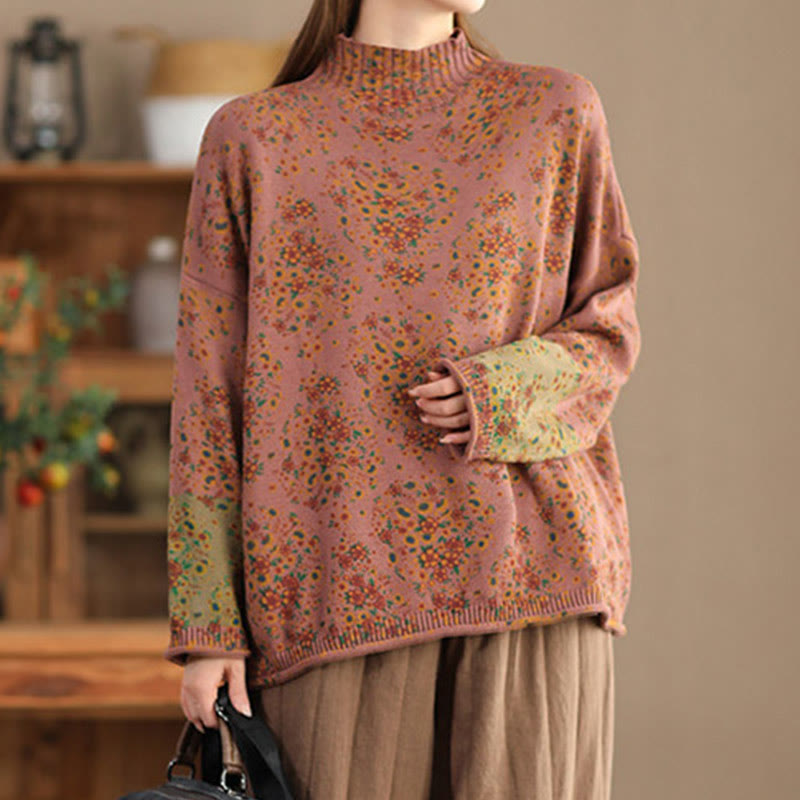 Buddha Stones Fall Printing Floral Long Sleeve Mock Neck Women's Knitted Cotton Sweater - image 1