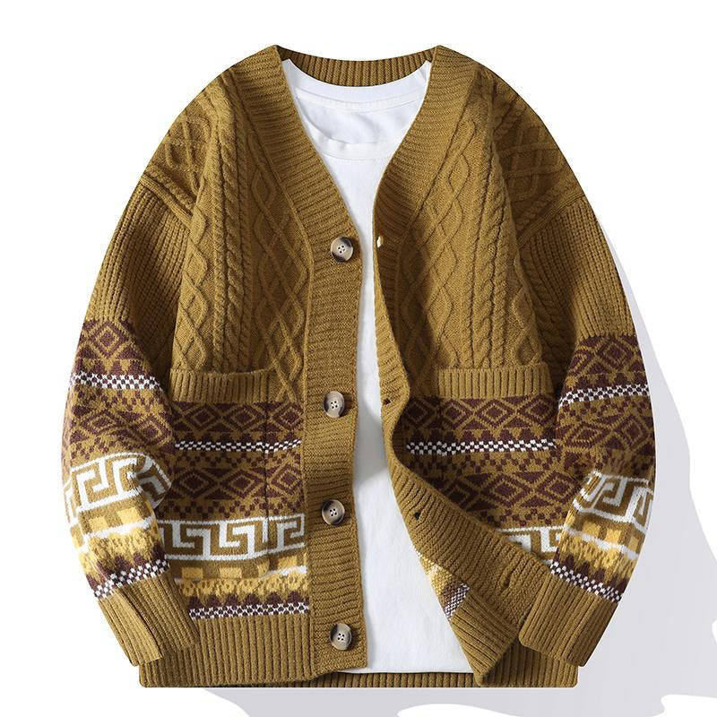 Buddha Stones Patchwork Color Knitted Textured Men's Long Sleeve Sweater With Pockets - DarkGoldenrod - US/UK/AU44,EU54 (4XL) - image 8