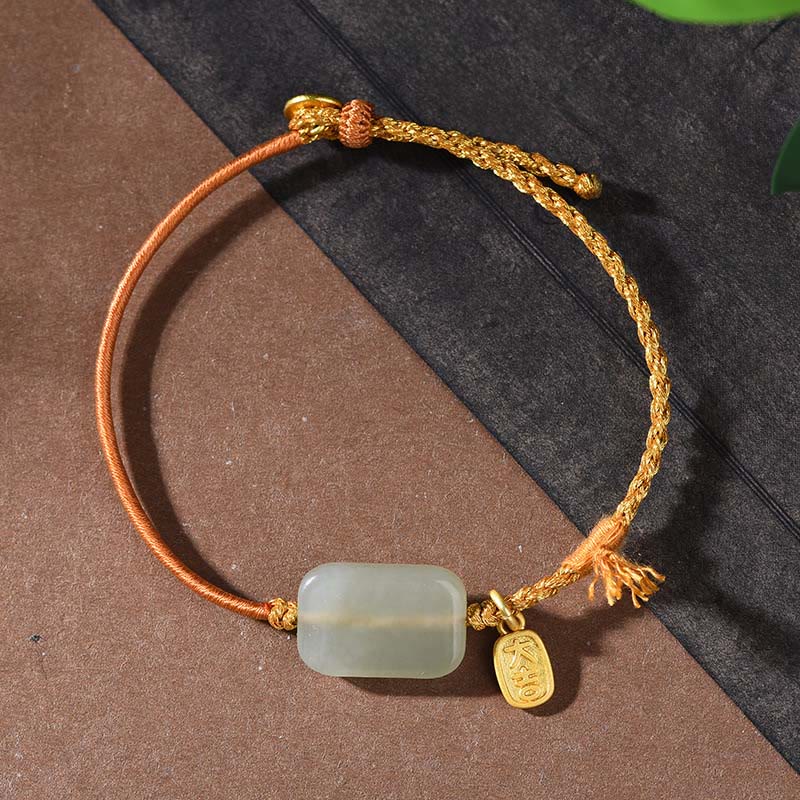 Buddha Stones 925 Sterling Silver Hetian Jade Prosperity Bracelet - Hetian Jade & Yellow String(Wrist Circumference: 15-18cm) - image 5