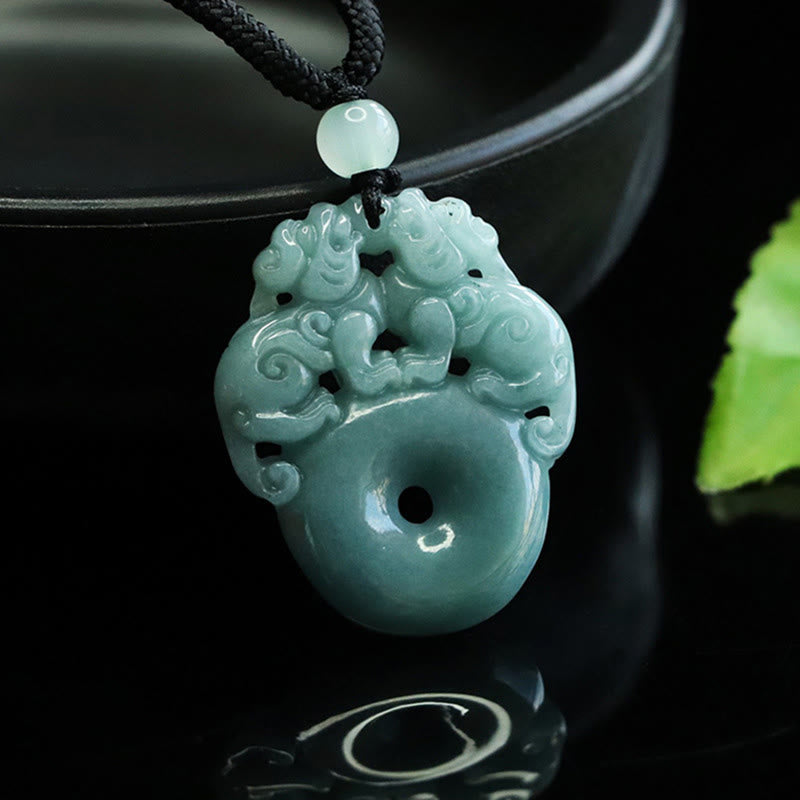 Buddha Stones Double PiXiu Jade Peace Buckle Wealth Luck String Necklace Pendant - image 5