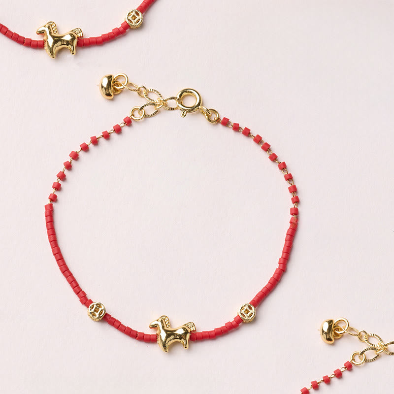 Buddha Stones 925 Sterling Silver Plated Gold Year of the Horse Red Liuli Glass Prosperity Bracelet - image 0