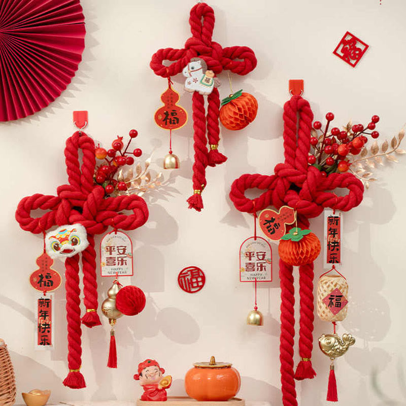 Buddha Stones Year of the Horse Dancing Lion Fu Character Chinese Knotting Fortune Decoration - image 0