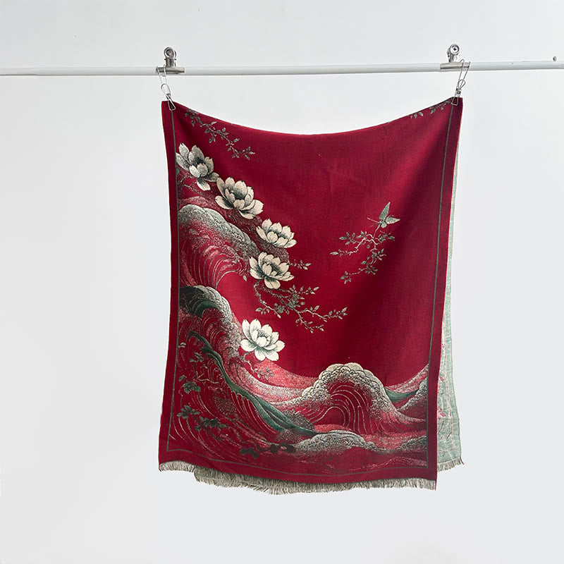 Buddha Stones Fall Lotus Flowers Ocean Waves Pattern Soft Scarf Tassel Shawl - DarkRed - 185*65cm - image 4
