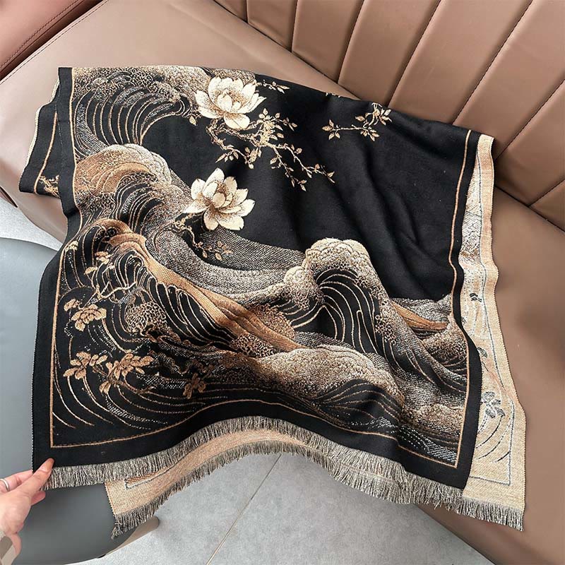 Buddha Stones Fall Lotus Flowers Ocean Waves Pattern Soft Scarf Tassel Shawl - image 2