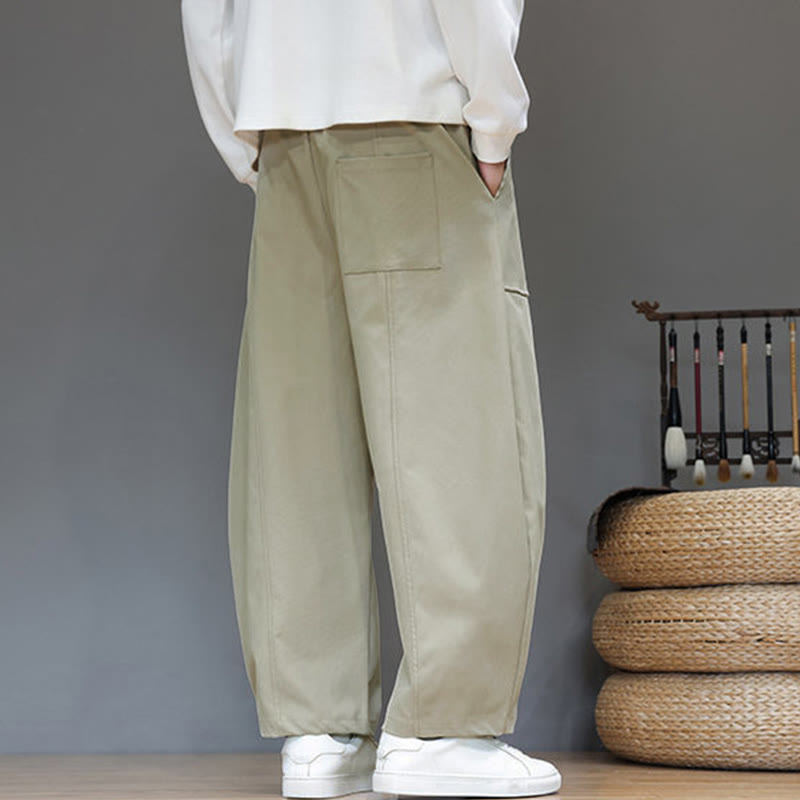 Buddha Stones Fall Pure Color Cotton Men's Cropped Harem Pants With Pockets - image 4