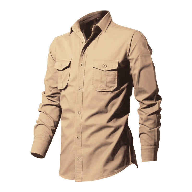 Buddha Stones Solid Color Men's Stand Collar Long Sleeve Cotton Shirt With Pockets - image 1