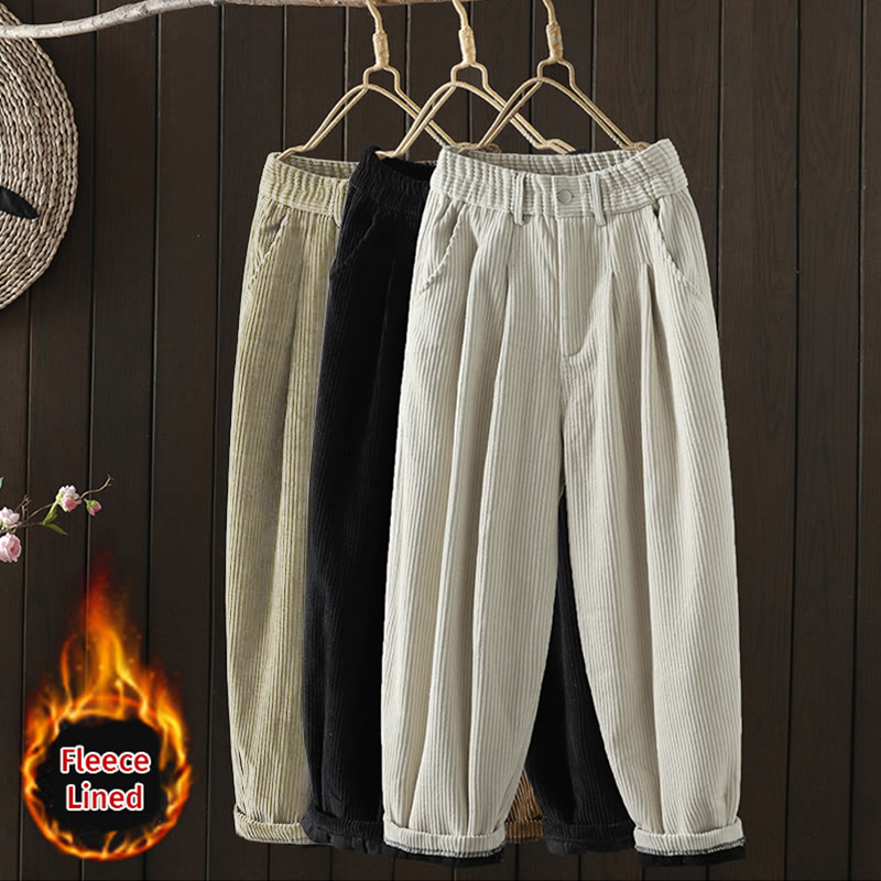 Buddha Stones Women's Winter Plain Corduroy High Waist Fleece-Lined Harem Pants With Pockets - image 23