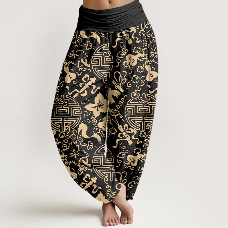 Buddha Stones Pure Cotton Chinese Character Gourd Auspicious Pattern Women's Elastic Waist Harem Pants - Black - US16,UK/AU20,EU48 (3XL) - image 0