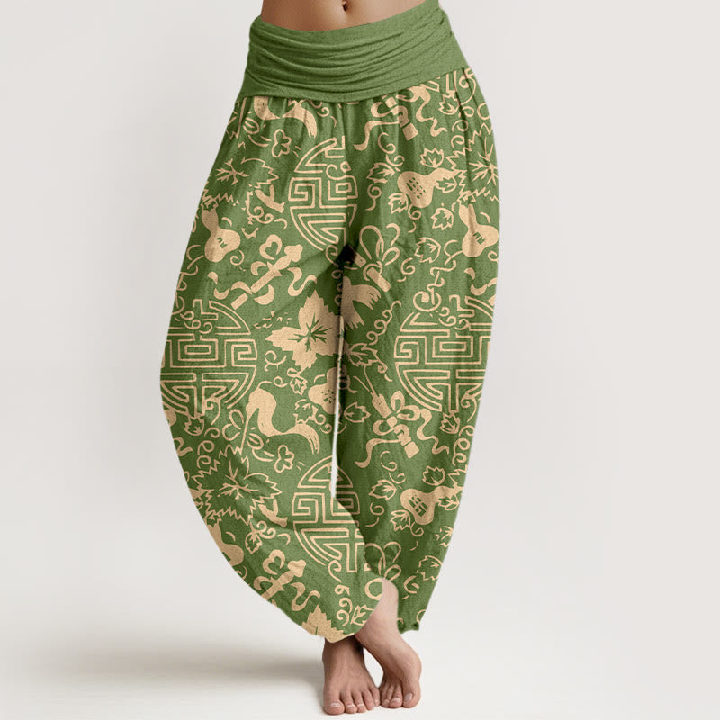 Buddha Stones Pure Cotton Chinese Character Gourd Auspicious Pattern Women's Elastic Waist Harem Pants - YellowGreen - US16,UK/AU20,EU48 (3XL) - image 5