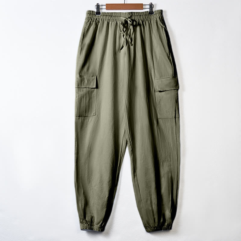 Buddha Stones Solid Color Linen Drawstring Men's Cargo Pants With Pockets - DarkSeaGreen - US/UK/AU46,EU56 (3XL) - image 29