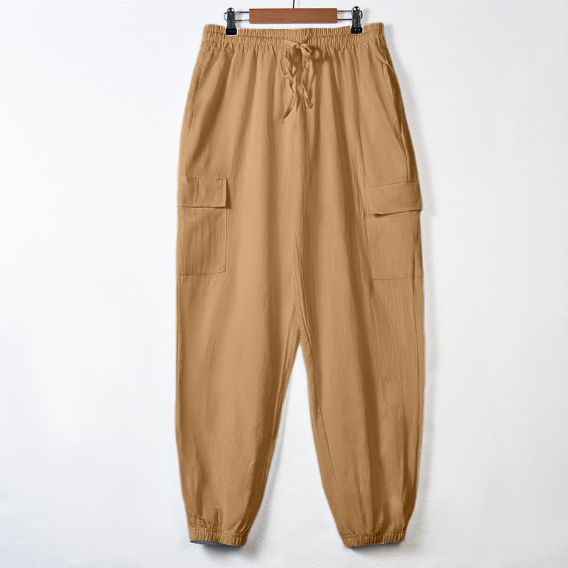 Buddha Stones Solid Color Linen Drawstring Men's Cargo Pants With Pockets - SandyBrown - US/UK/AU46,EU56 (3XL) - image 30