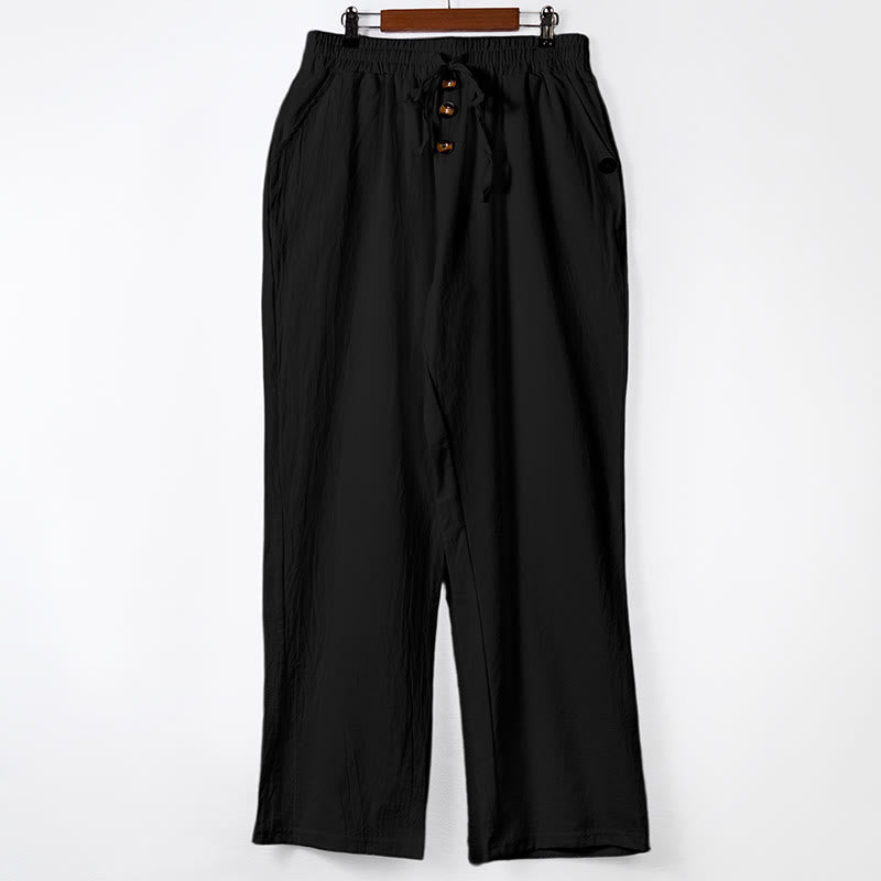 Buddha Stones Solid Color Buttons Drawstring Men's Cotton Pants With Pockets - Black - US/UK/AU46,EU56 (3XL) - image 11