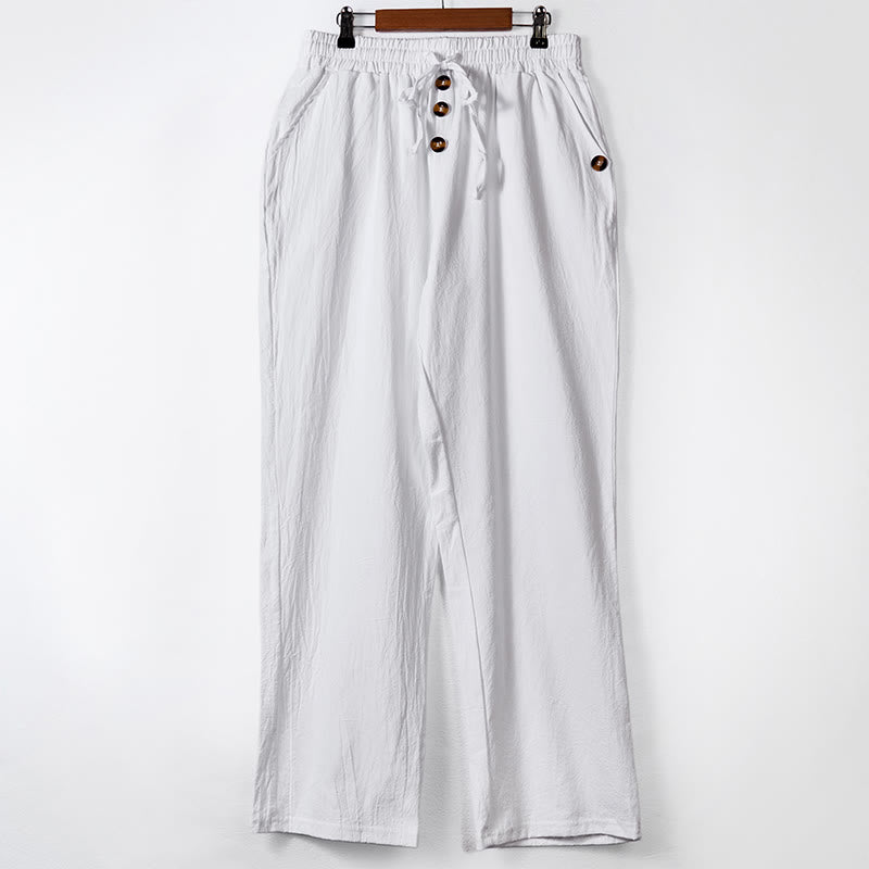 Buddha Stones Solid Color Buttons Drawstring Men's Cotton Pants With Pockets - White - US/UK/AU46,EU56 (3XL) - image 7