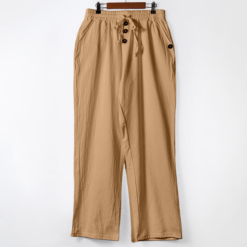 Buddha Stones Solid Color Buttons Drawstring Men's Cotton Pants With Pockets - SandyBrown - US/UK/AU46,EU56 (3XL) - image 30