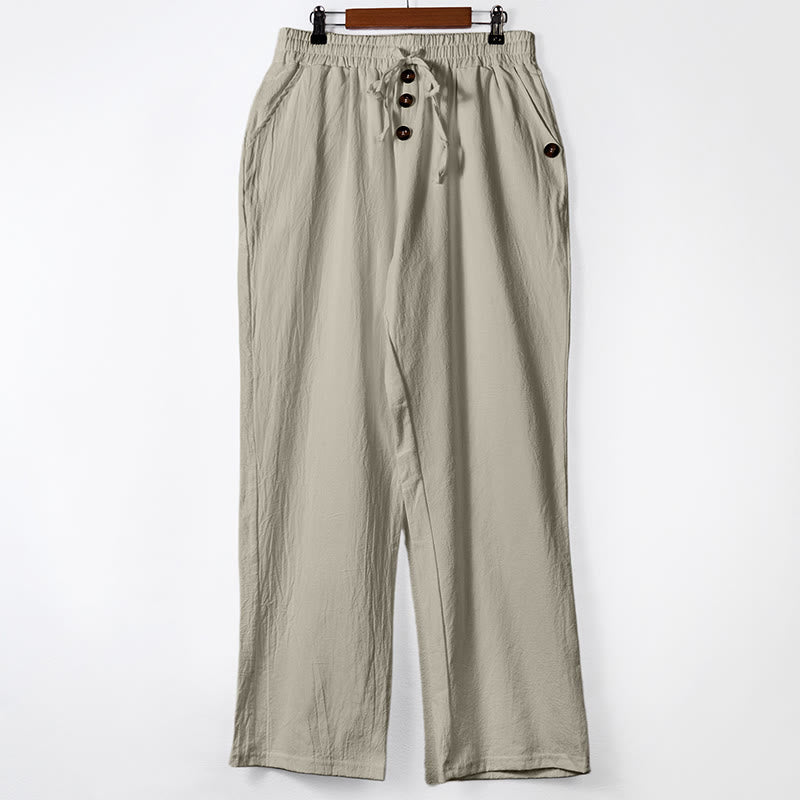Buddha Stones Solid Color Buttons Drawstring Men's Cotton Pants With Pockets - Beige - US/UK/AU46,EU56 (3XL) - image 22