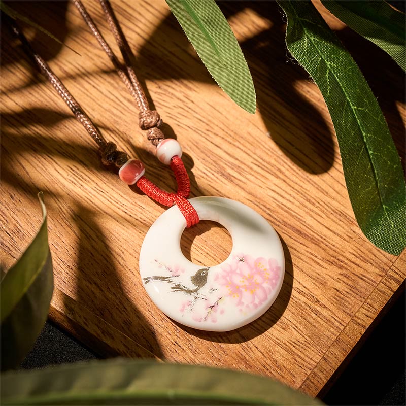 Buddha Stones Ethnic Peony Peach Blossoms Lotus Symbol Ceramics Necklace Enlightenment Pendant - Peach Blossoms - image 23