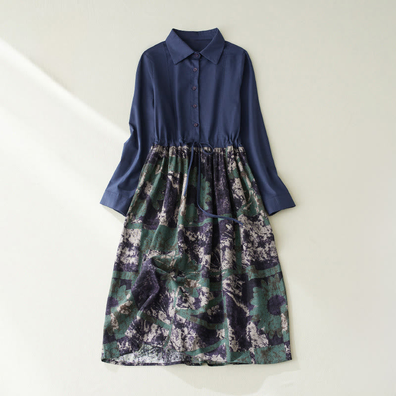 Buddha Stones Fall Printed Patchwork Design Drawstring Long Sleeve Linen Midi Dress With Pockets - DarkBlue - US8-10,UK/AU12-14,EU40-42 (2XL) - image 1