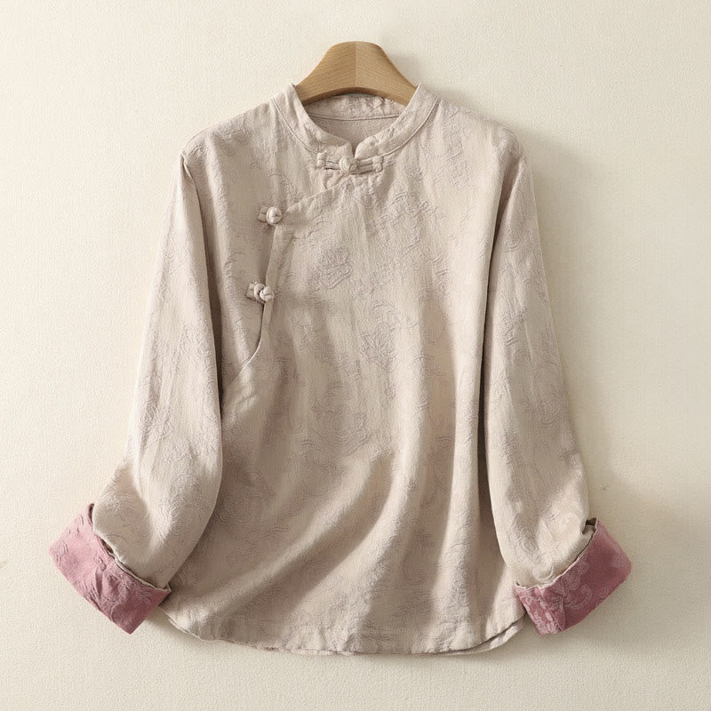 Buddha Stones Jacquard Diagonal Placket Long Sleeve Women's Cotton Linen Buttons Shirt - Linen - US8-10,UK/AU12-14,EU40-42 (2XL) - image 1